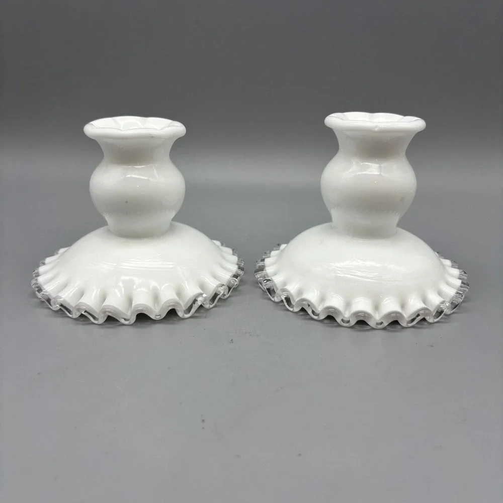 Vintage Fenton Milk Glass Silver Crest Ruffled Candle Holders Set Of 2